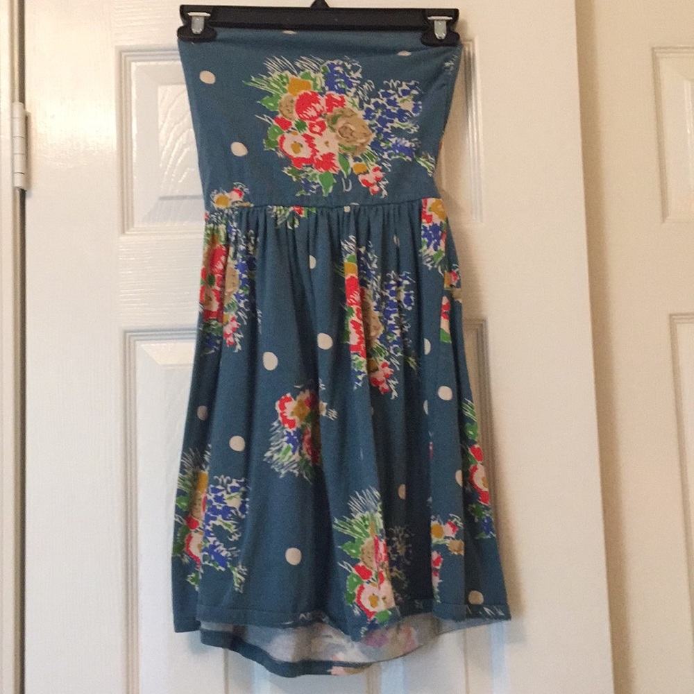 Strapless floral and polka dot print dress
